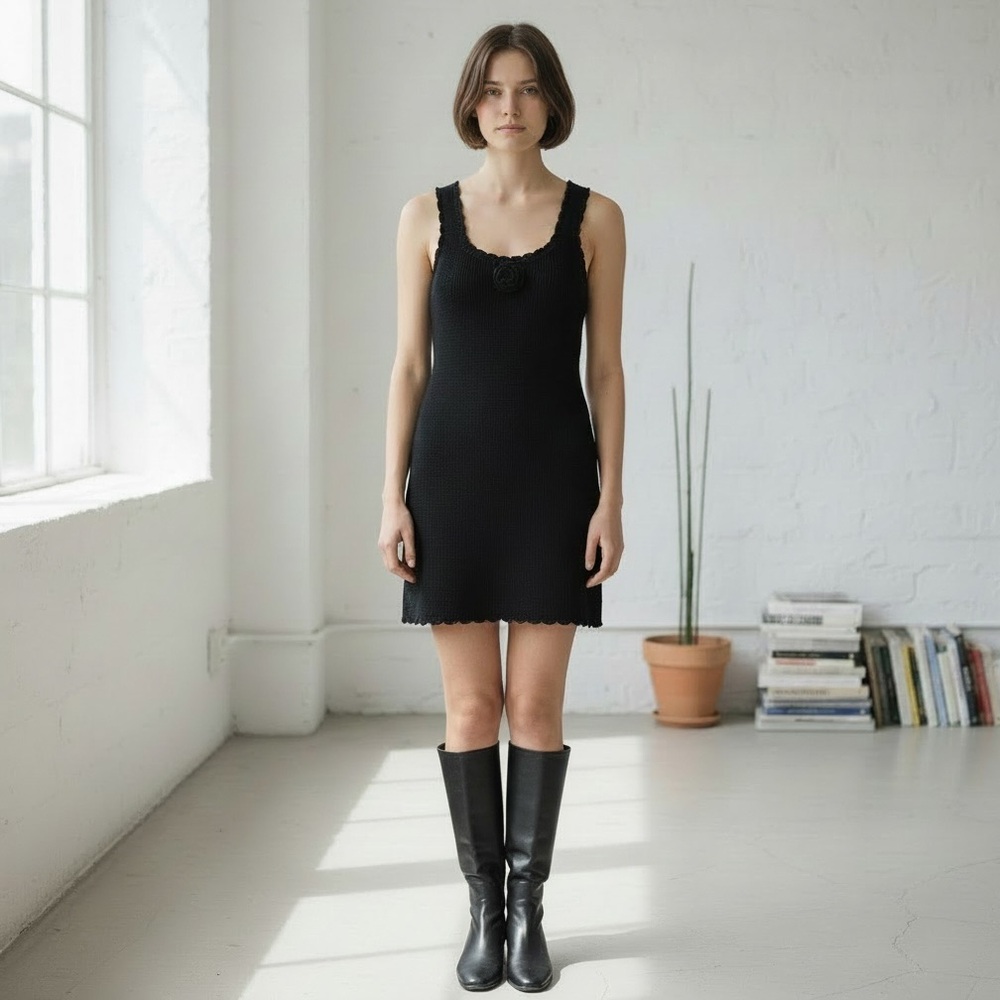 Wild Fable Rosette Black Cotton Knit Form Fitting Dress Size S